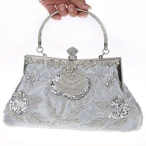 ELEOPTION Beaded Sequin Design Metal Frame Kissing Lock Satin Interior Party Bag
